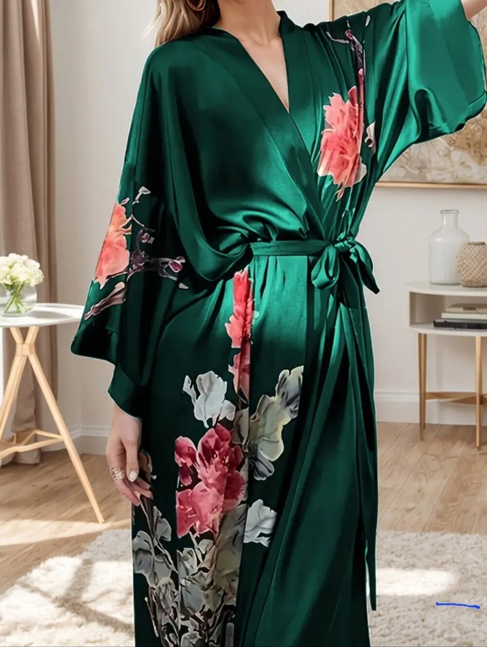 Women Elegant Plus Size Dark Green Floral Robe